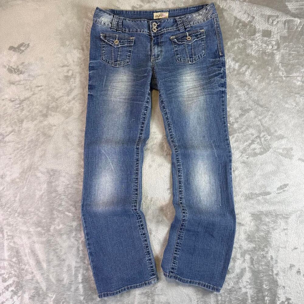Y2K Angels Low Rise Bootcut Denim Jeans Women’s 17 Blue Distressed - Picture 2 of 8